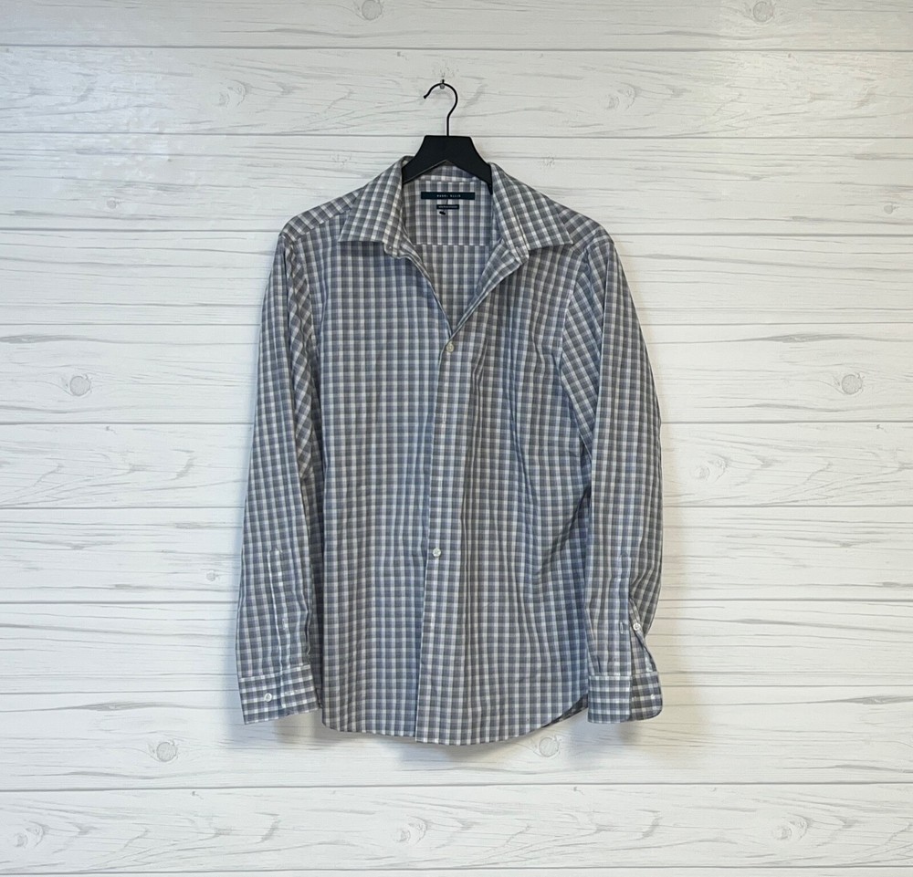 Perry Ellis shirt mens size large button up long sleeve non iron stretch blue