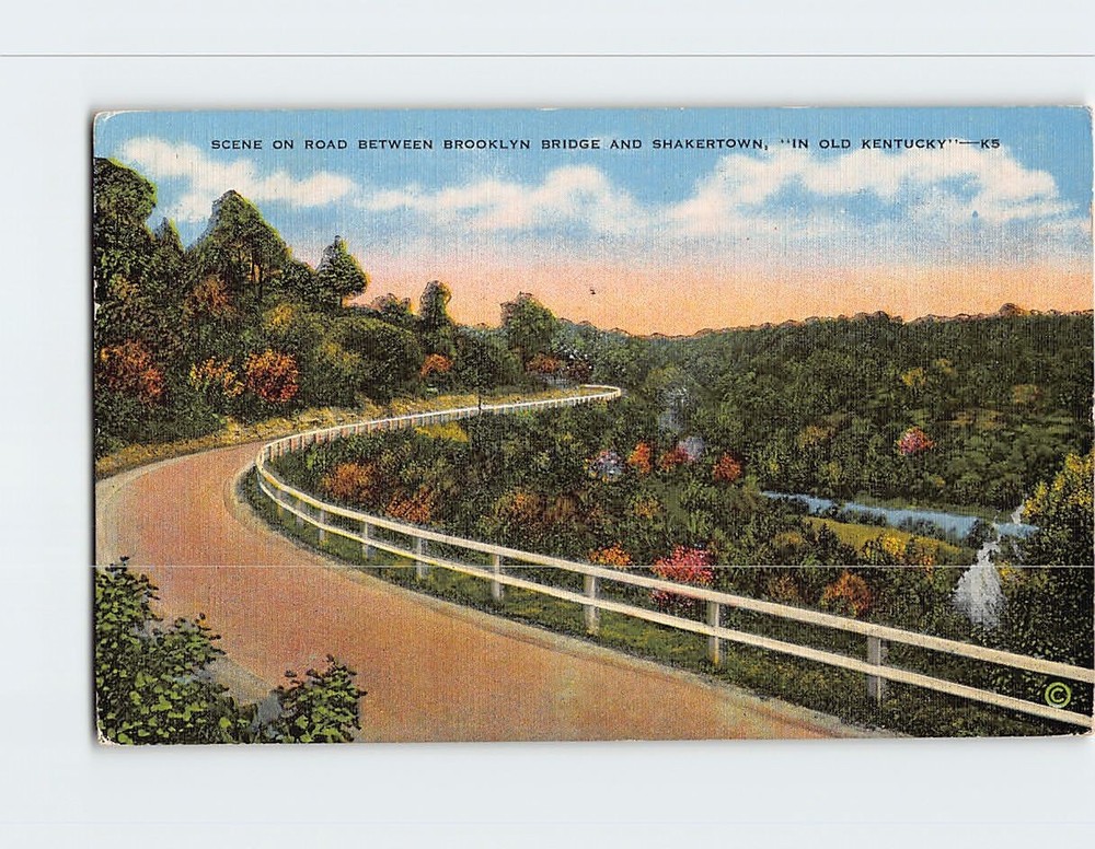 Postcard Scene on Road Between Brooklyn Bridge & Shakertown Kentucky USA