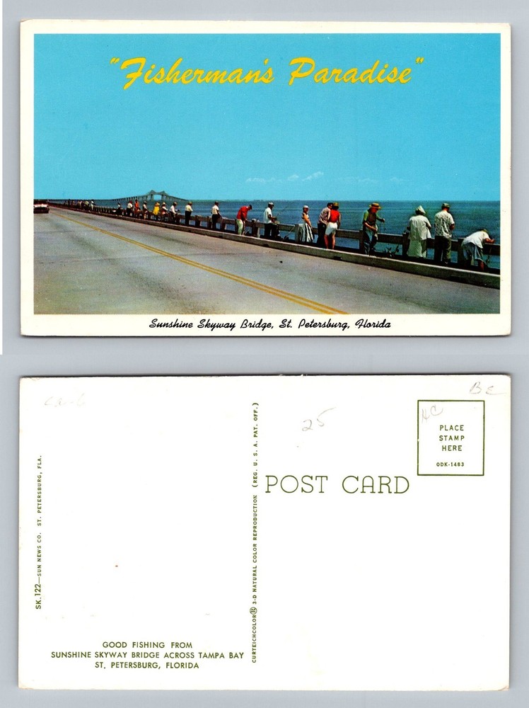 St. Petersburg, FL-Florida, Sunshine Skyway Bridge Fisherman’s Vintage Postcard