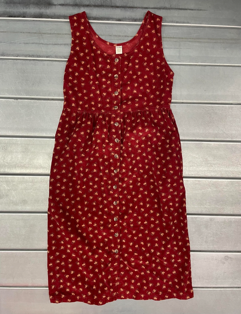 Vintage LL Bean Corduroy Dress Womens 4P Red Floral Button Front 100% Cotton