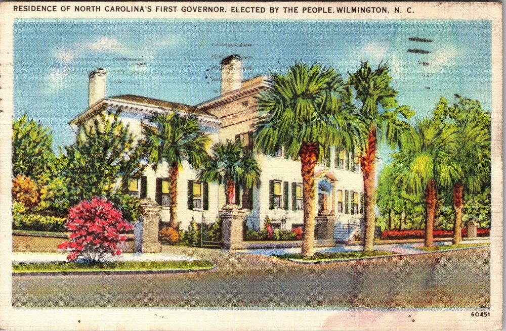 Wilmington NC-North Carolina, 1st Elected Governor's Home Vintagec1940 Postcard