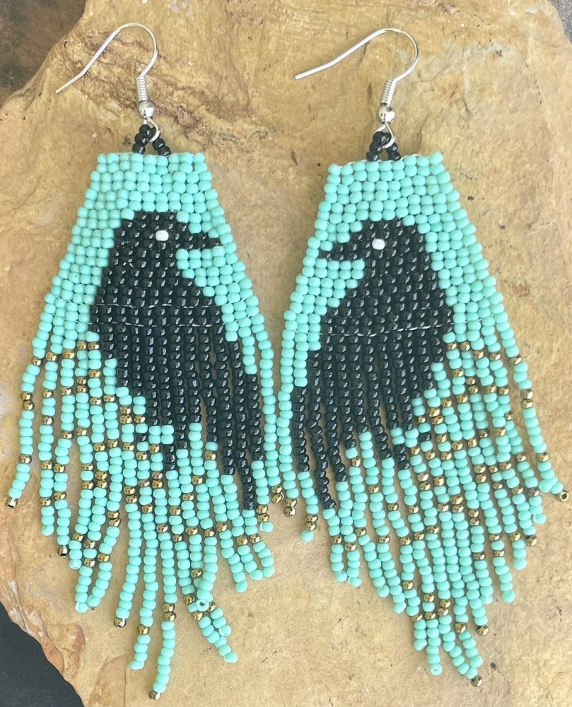 Boho Native American Beaded Bird Fringe Tassel Long Earrings Seed Style