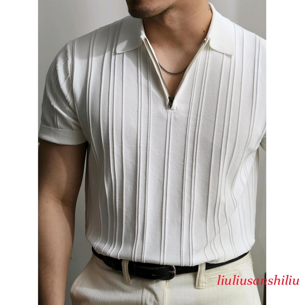 Zip Knit Short Sleeve Men's Summer Vintage Loose Vertical Striped Lapel T-Shirt