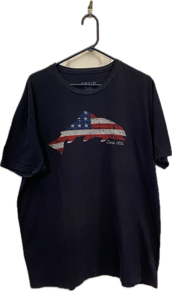 Orvis T-Shirt Men's Size 2XL Blue USA Flag Logo Fishing Crew Neck Short Sleeve