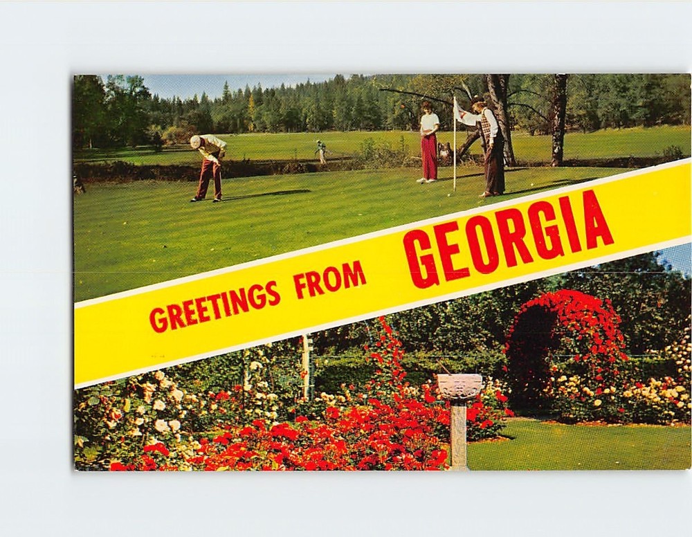 Postcard Golf Scene & Garden Greetings from Georgia USA