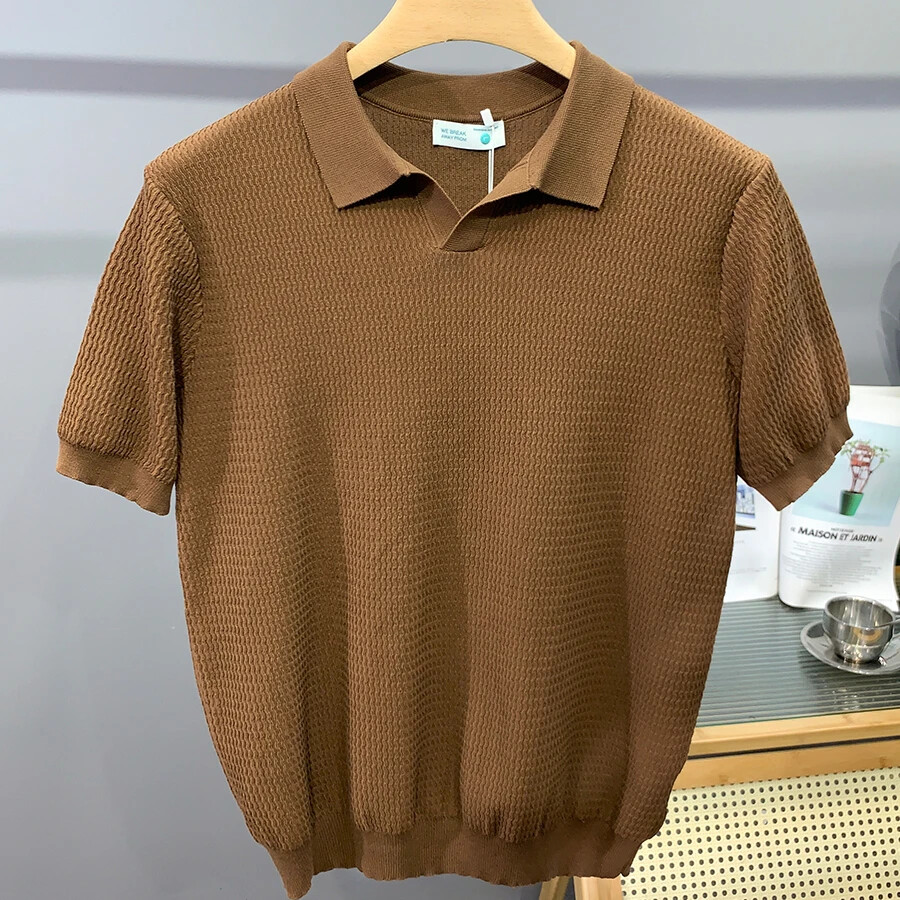 Men Summer New Knitting V-neck Thin Shirt Male Short Sleeve Sweater T Shirt