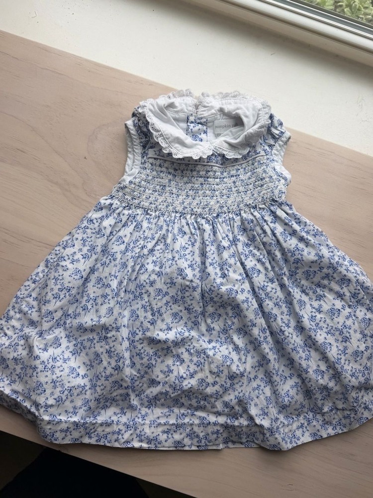 pumpkin patch White and Blue Floral Smocked Dress with Lace Collar