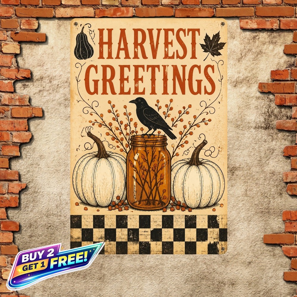 Crow and Pumpkin Welcome Tin Metal Sign Vintage Halloween Decor