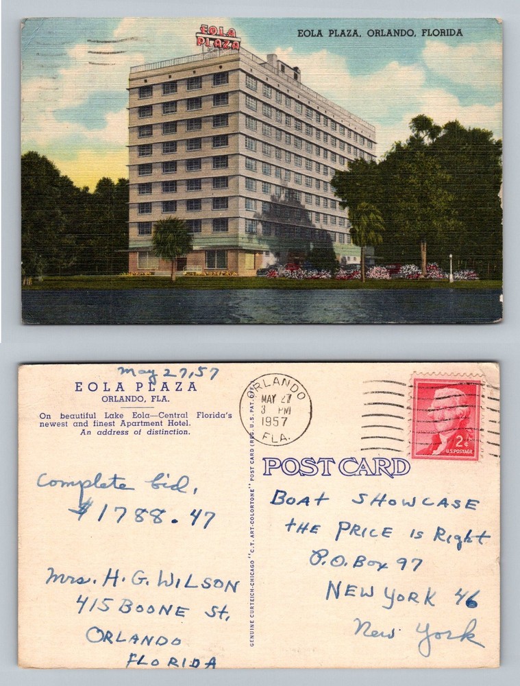 Orlando, FL-Florida, Eola Plaza Hotel Lakefront View Vintage c1957 Postcard