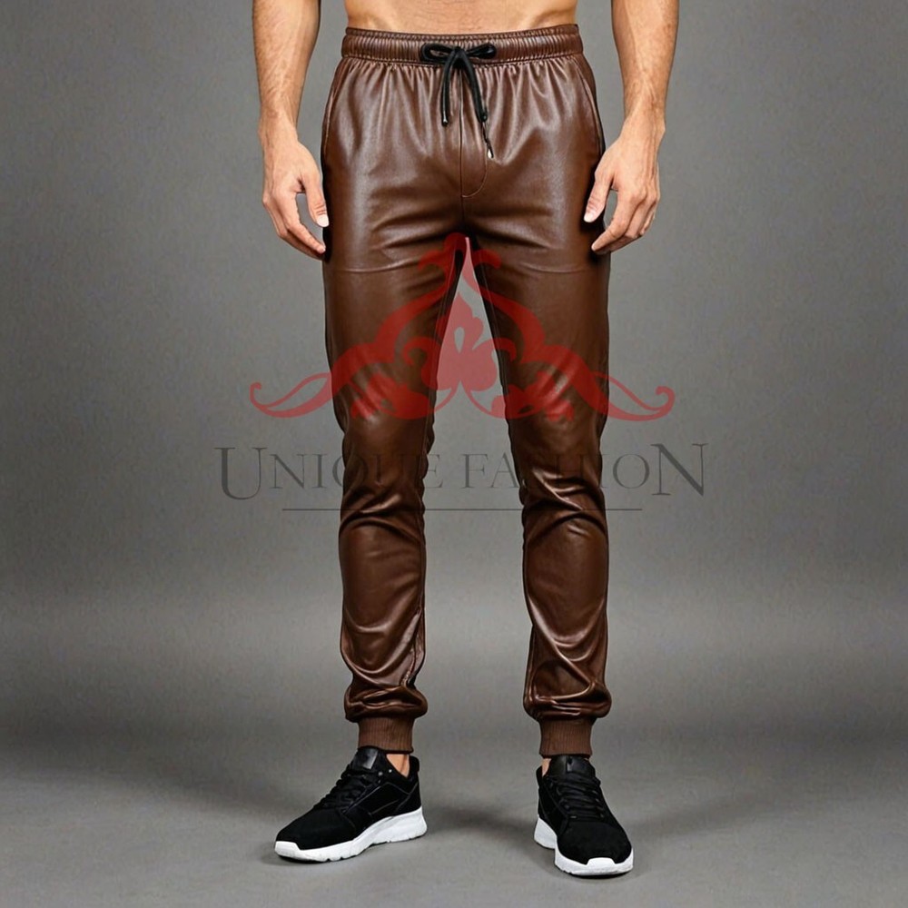 Men's Brown Genuine Leather Track Pants for Jogging & Walking