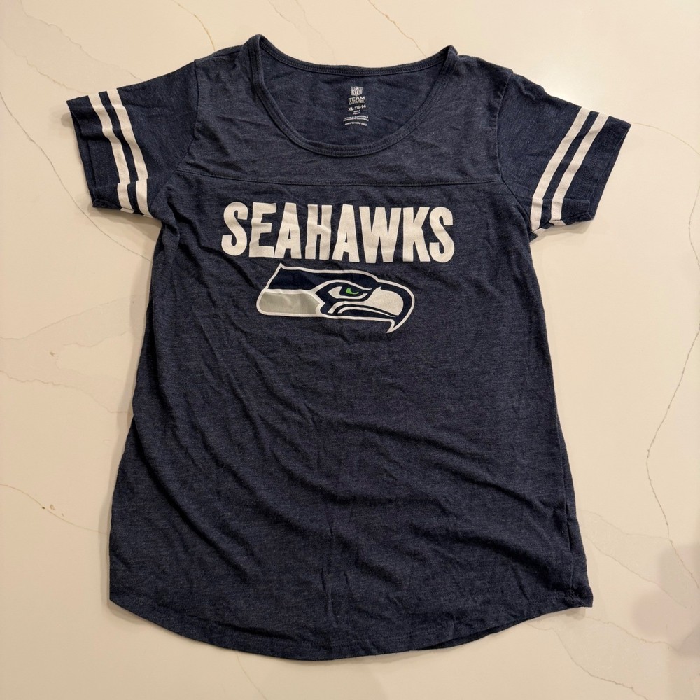 NFL Team Apparel Seattle Seahawks Girls XL 14 Navy Blue Graphic T-Shirt Striped