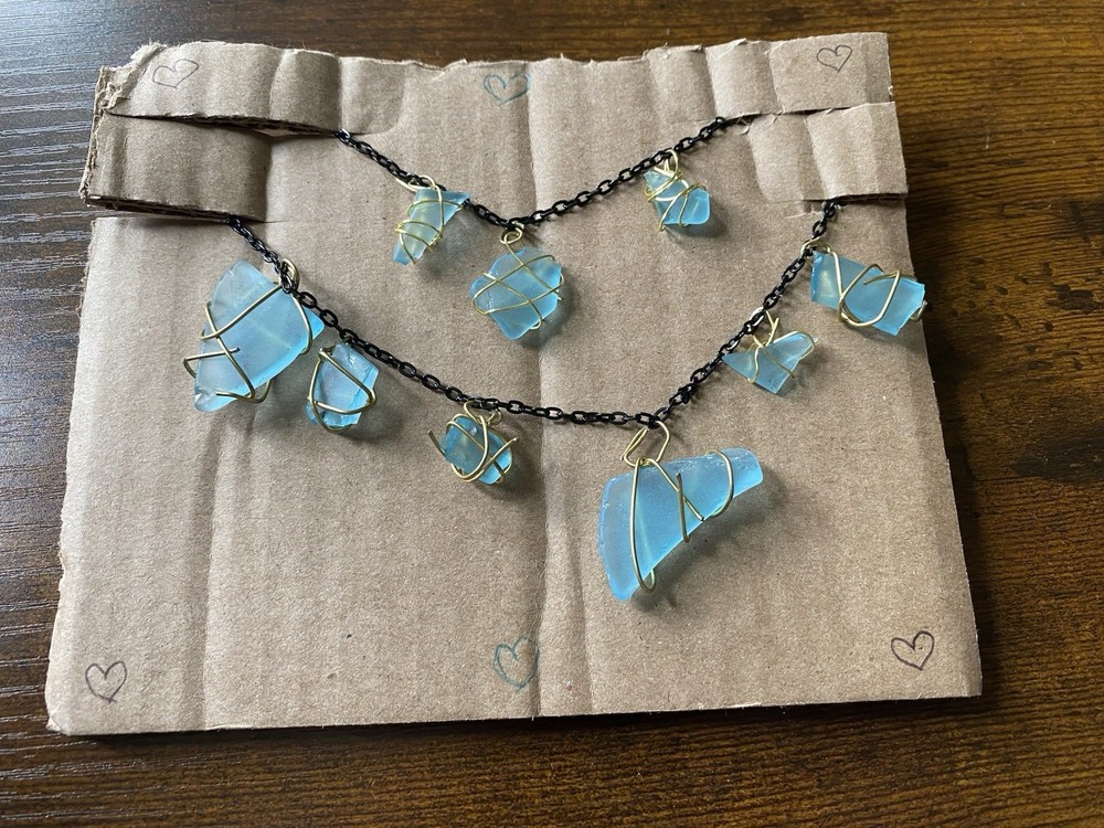 Black Chain Aqua Blue Beach Glass in Gold Plated Wire Necklace & Bracelet