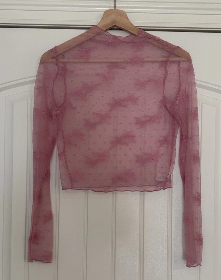 Sheer Lace Pink Top Woman Small Fairy Festival Coquette Rave Indie Y2K Long Slv