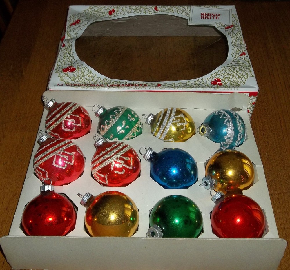 Box of 12 Vtg Shiny Brite Poloron Glass Christmas Ball Ornaments Glitter & Plain