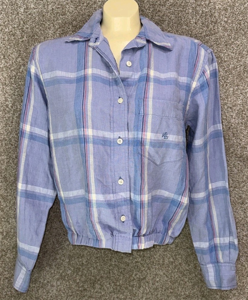 Lauren Ralph Lauren Shirt Womens Small Plaid Long Sleeve Button Up Purple Linen