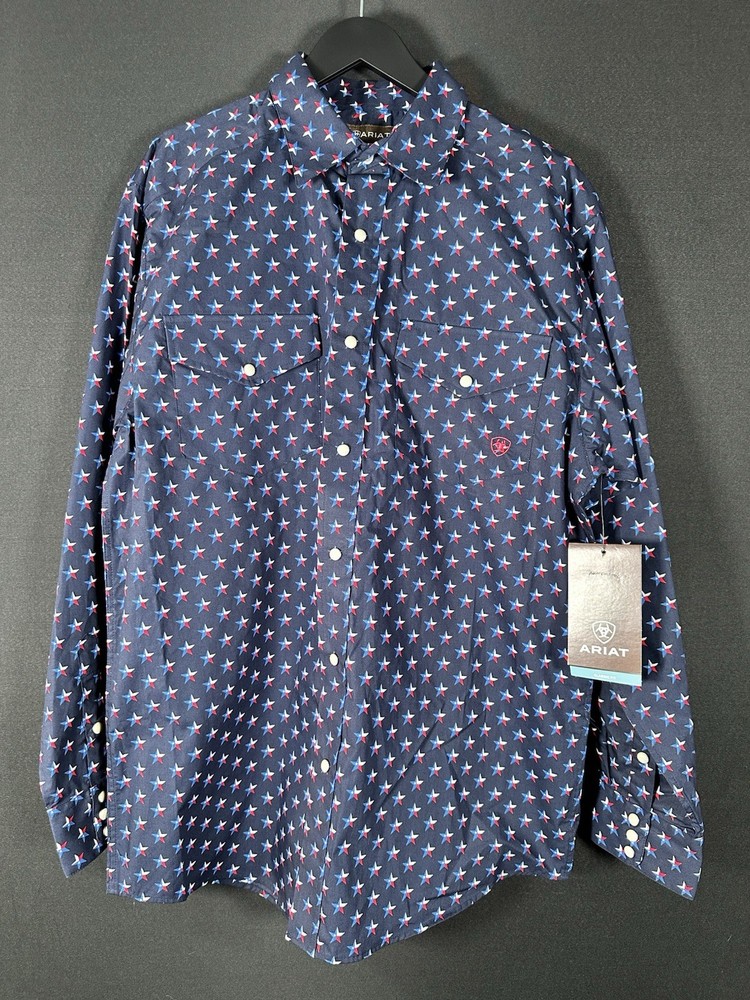 Ariat Nosson Classic Snap Long Sleeve Shirt Texas Flag Star Men's Size M NWT