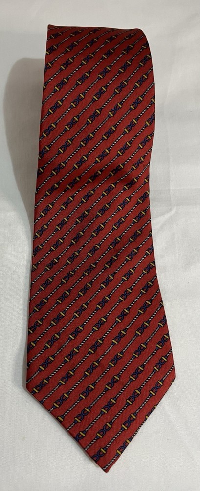 ST MICHAEL Vintage Mens Silk Necktie Red Navy Gold Geometric Made UK Retro Tie