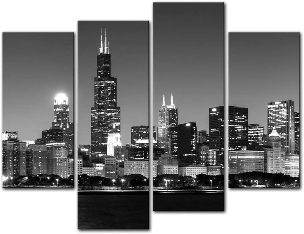 Chicago Wall Art Chicago Skyline at Night in Black and White Picture Cityscape P
