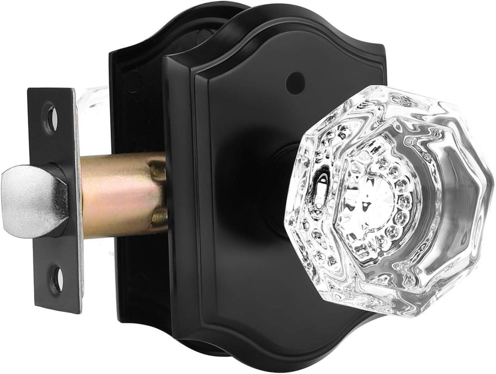 Privacy Door Knob Matte Black Octagonal Crystal Door Knob with Lock,Clear Diamon