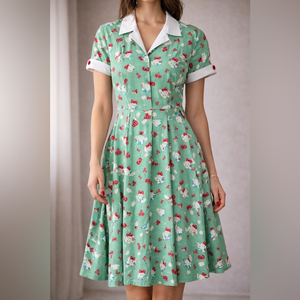 Hello Kitty x Unique Vintage Mint Fit Flare Dress Pockets NWT Size S