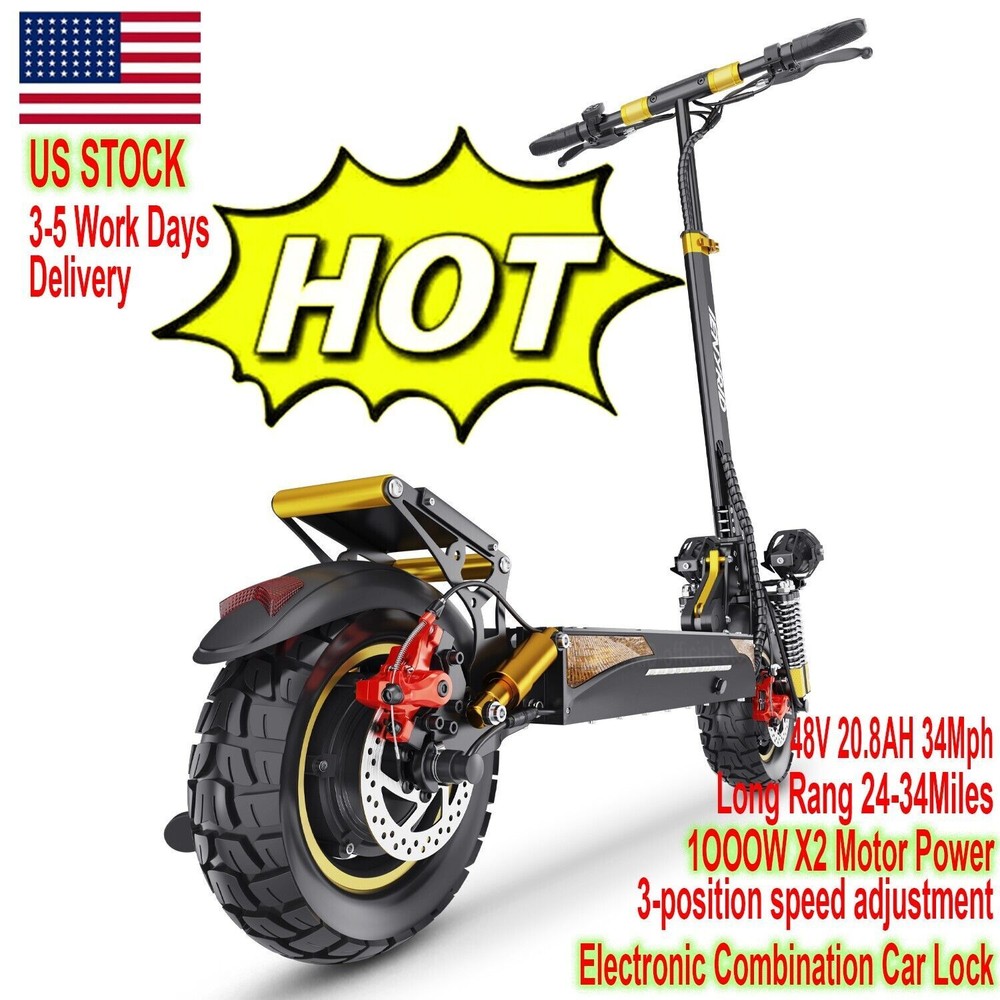 Adult Folding Electric Scooter 2OOO 34Mph Dual Motor 10'' Off-Road Tire eScooter