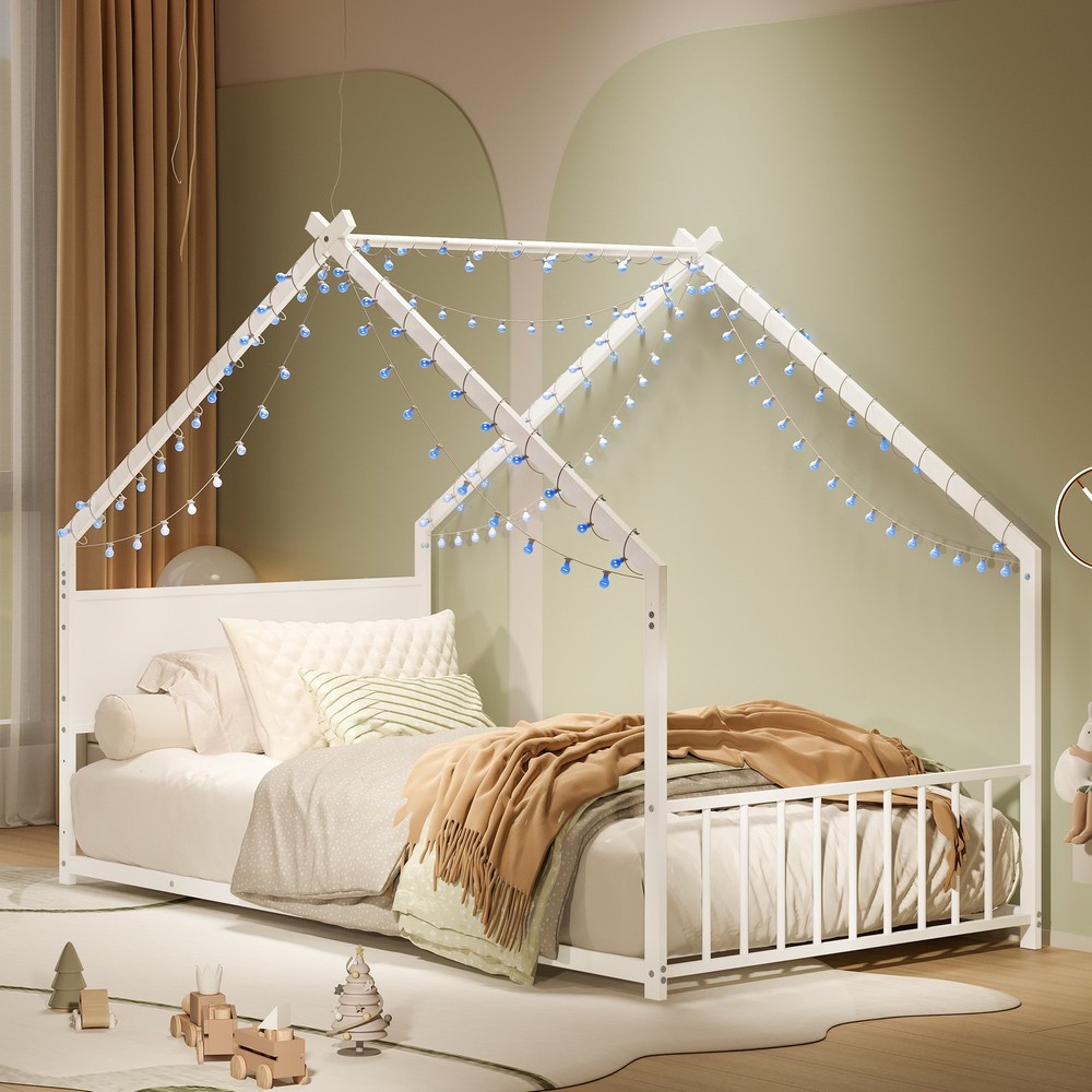 Twin Size Children Kid Tent-Roof Floor House Bed Frame w Slats LED Light Strips