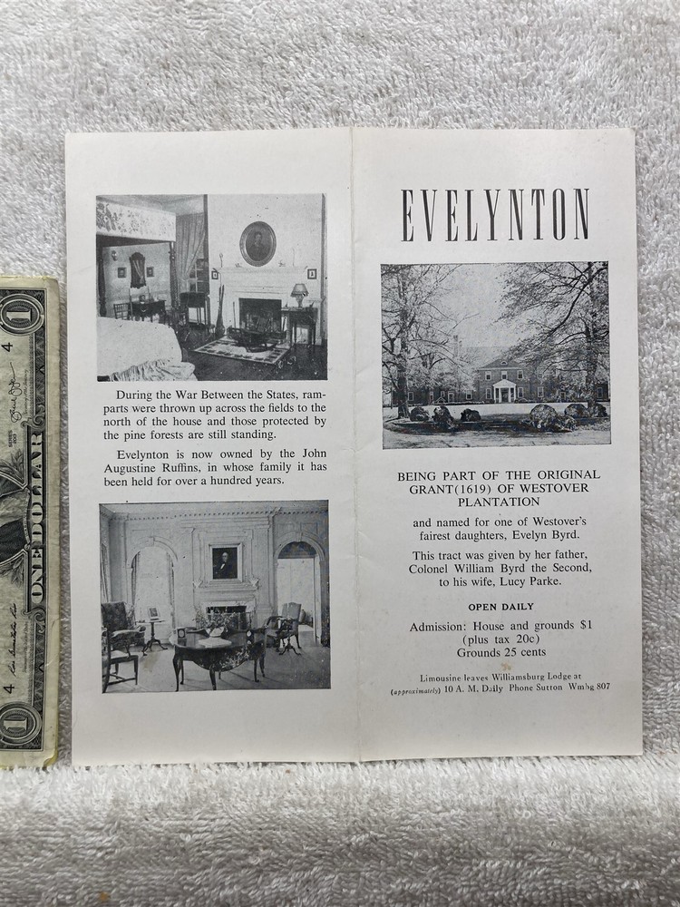 1940s 1950s Westover Plantation Evelynton Brochure Williamsburg Richmond VA Vtg
