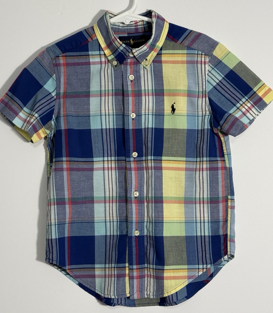 RALPH LAUREN Boys Blue/Yellow Plaid Short Sleeve Button Down Shirt POLO - Size 5