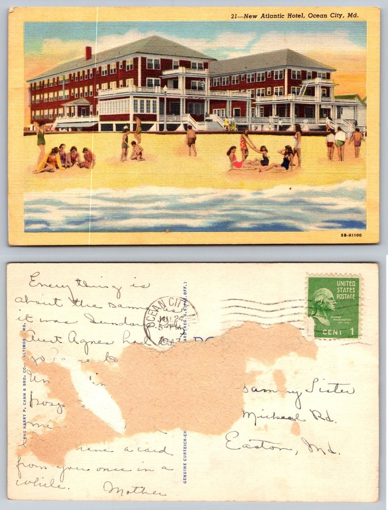 New Atlantic Hotel Ocean City MD Linen Postcard Posted 1940s Beach Scene