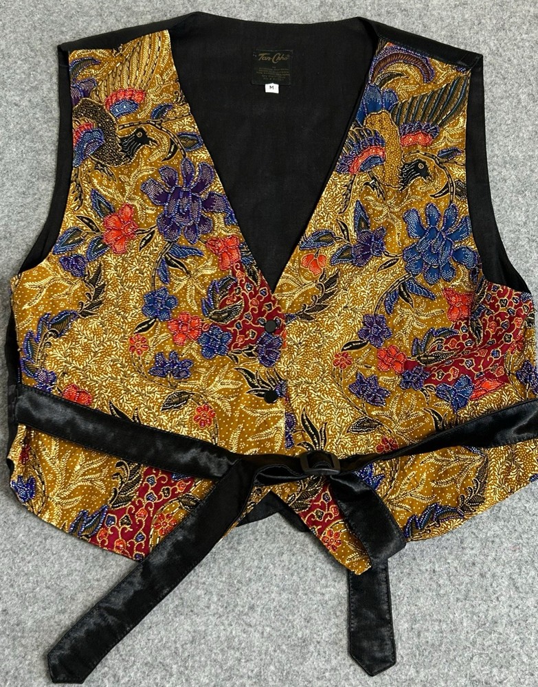 Vintage Tan-Chho Beaded Vest Women's Medium Gold Bird Floral Boho Button Y2k