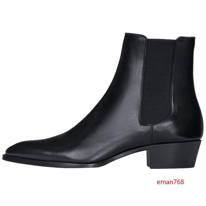 Mens genuine Leather Pointy Toe Cuban Heel Chelsea Ankle Boots Dress Shoes