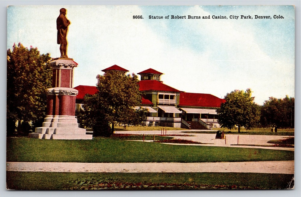 Denver Colorado~Statue of Robert Burns & Casino City Park~Vintage Postcard