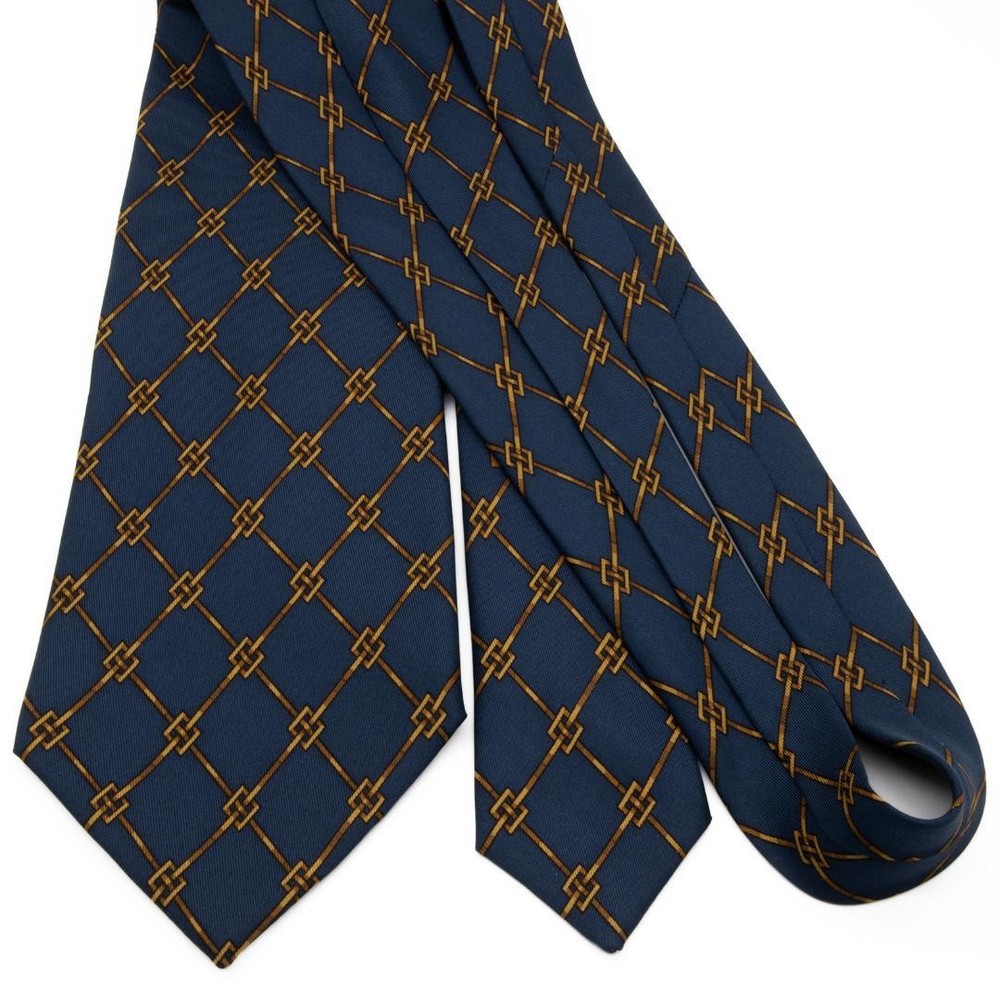 HERMES Necktie Tie Navy All over plaid pattern 100% Silk Used Made in France