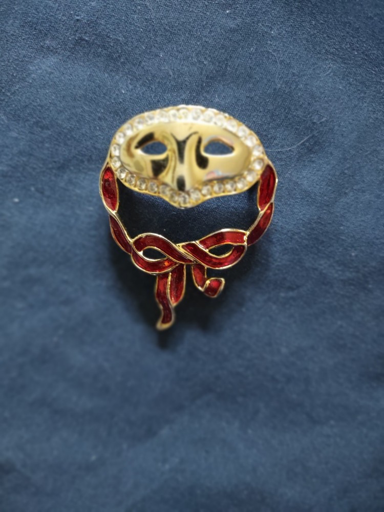 Vintage Gold Tone Face Mask Pin/Brooch with Enamel and Rhinestones