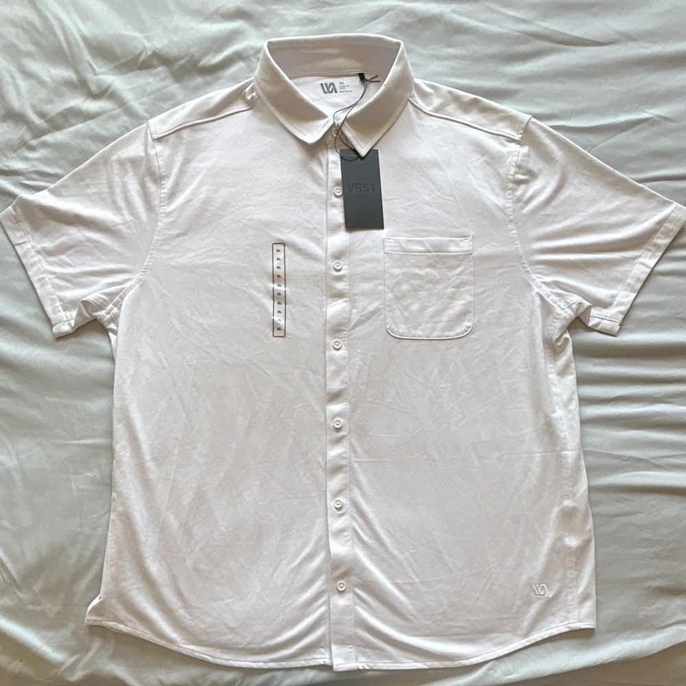 VRST Men’s White Solid Short Sleeve Button-Up Point Collar Shirt XL