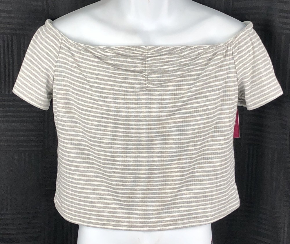 NWT SO Cropped Top Tee L Gray/Wht Stripe Off Shoulder Ruched Y2K Grunge Boho