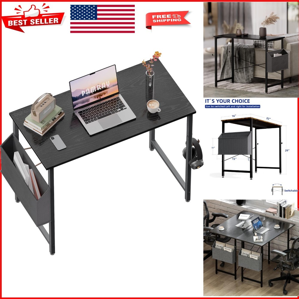 32-Inch Black Computer Desk with Headphone Hook & Storage Bag for Small Spaces