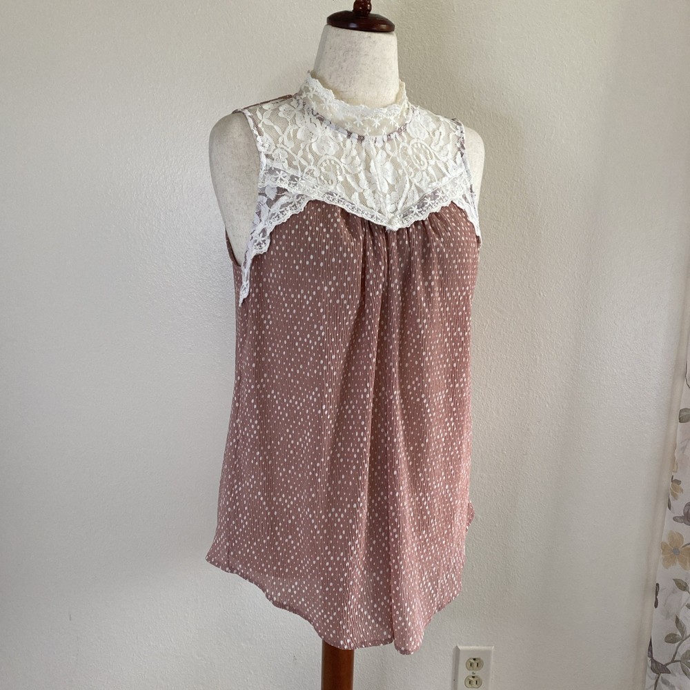 White Birch Coquette Sheer Lacy Sleeveless Polka Dot Dusty Rose Blouse. Large