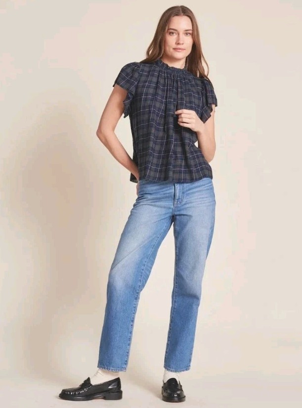 Trovata Birds Of Paradise Carla Blouse Ruffled Plaid Bohemian Preppy XS Pintuck