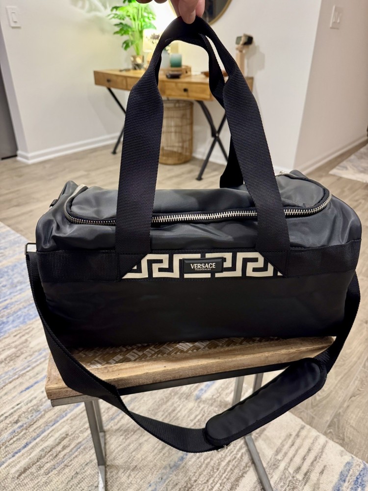 Versace Fragrances Black Duffle with Silver Tone Zipper Travel Overnight Gym Bag