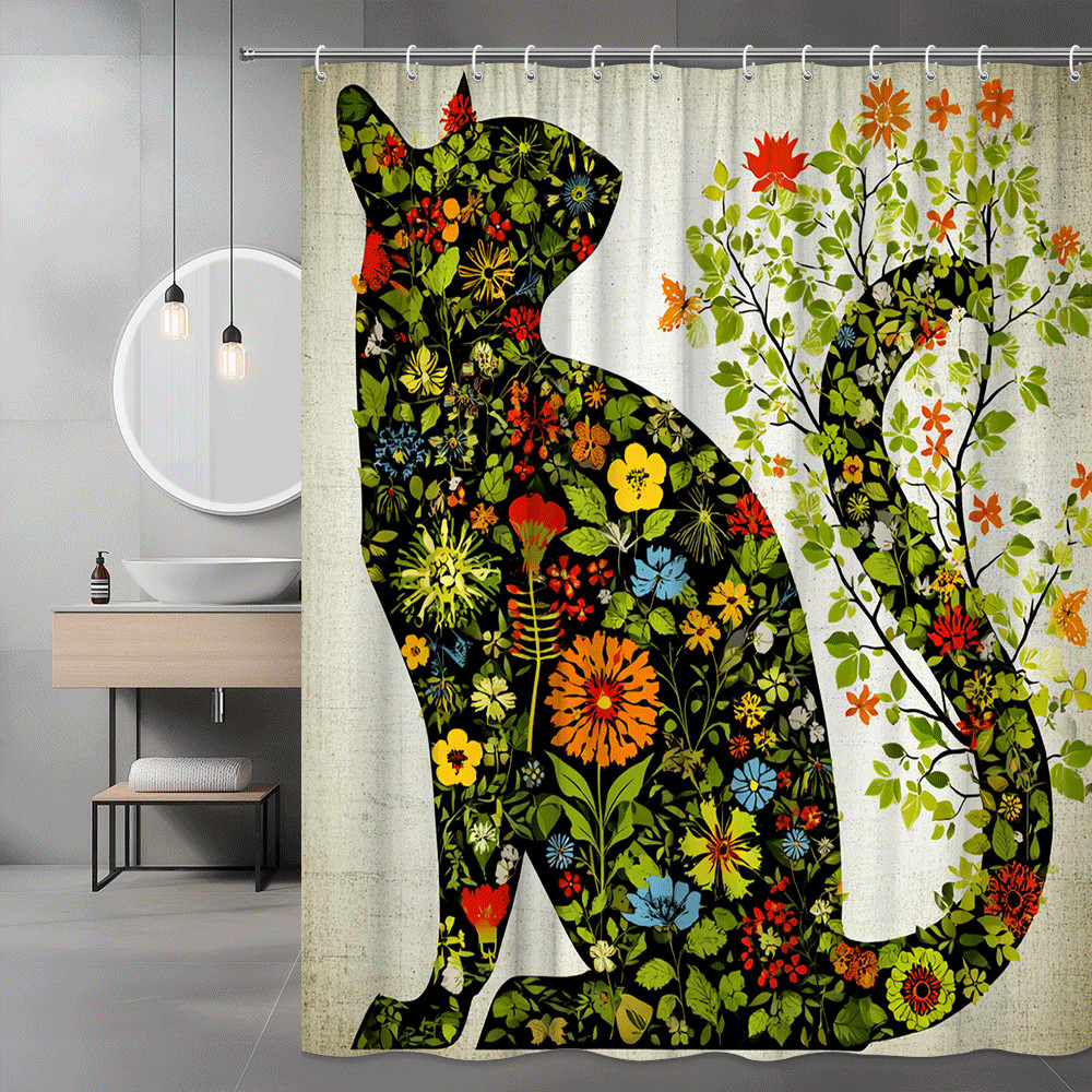 Floral Cat Shower Curtain Black Cat Botanical Print
