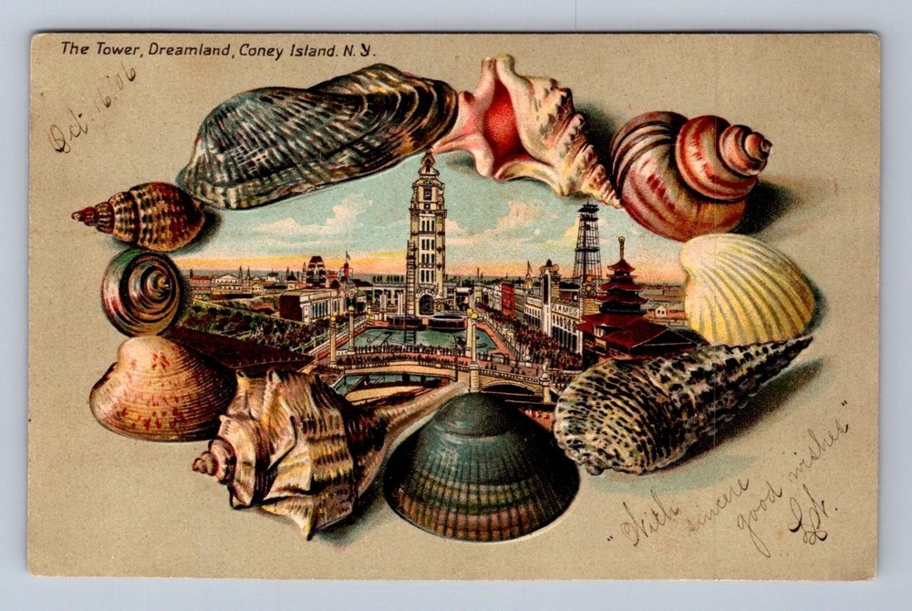 The Tower Dreamland Coney Island New York Embossed Shell Border Postcard 1906