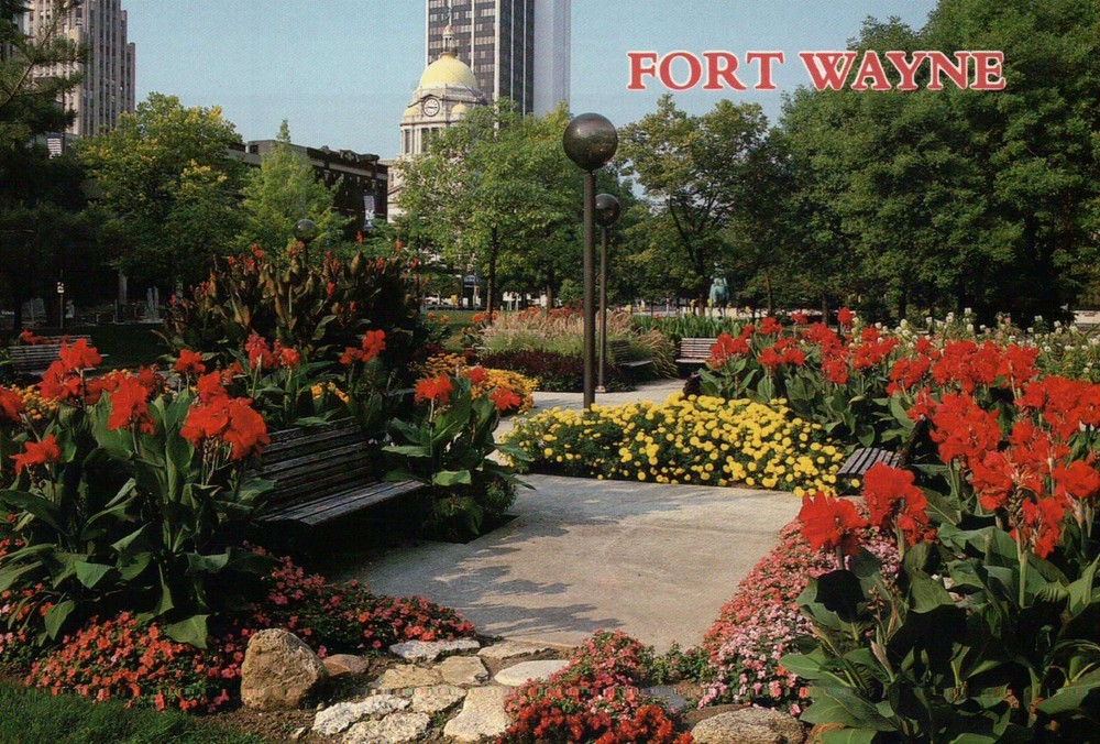 Freiman Square Flower Garden Bench with Fort Wayne Skyline Postcard