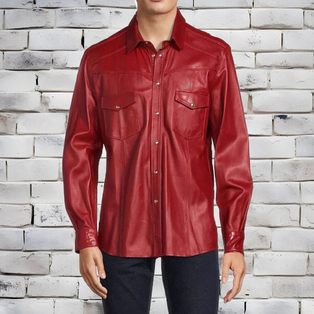 New Men's Genuine Red Lambskin Leather Shirt Jacket Stylish Soft Slim Fit Shirt