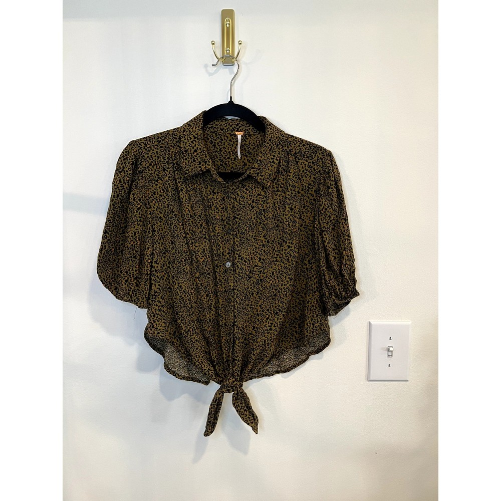 Free People Leopard Print Tie Front Button Up Blouse Boho Cropped Top S
