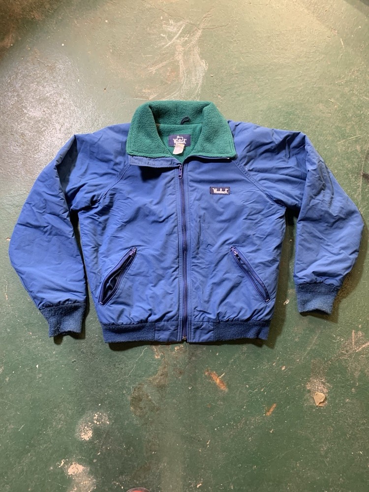 Vintage Woolrich Blue Green Bomber Jacket Fleece Lining Zip Closure Men's Size M