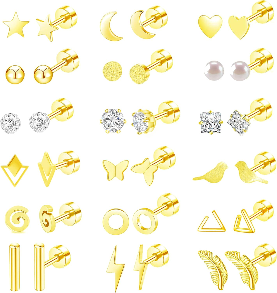 18 Pairs Hypoallergenic Flat Back Stud Earrings for Women, 20G Stainless Steel