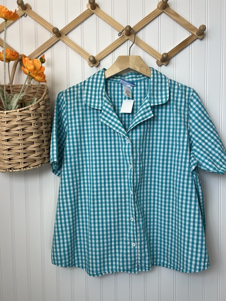 Koret Women's PXL Vintage Teal Gingham Button-Up Blouse Cottagecore
