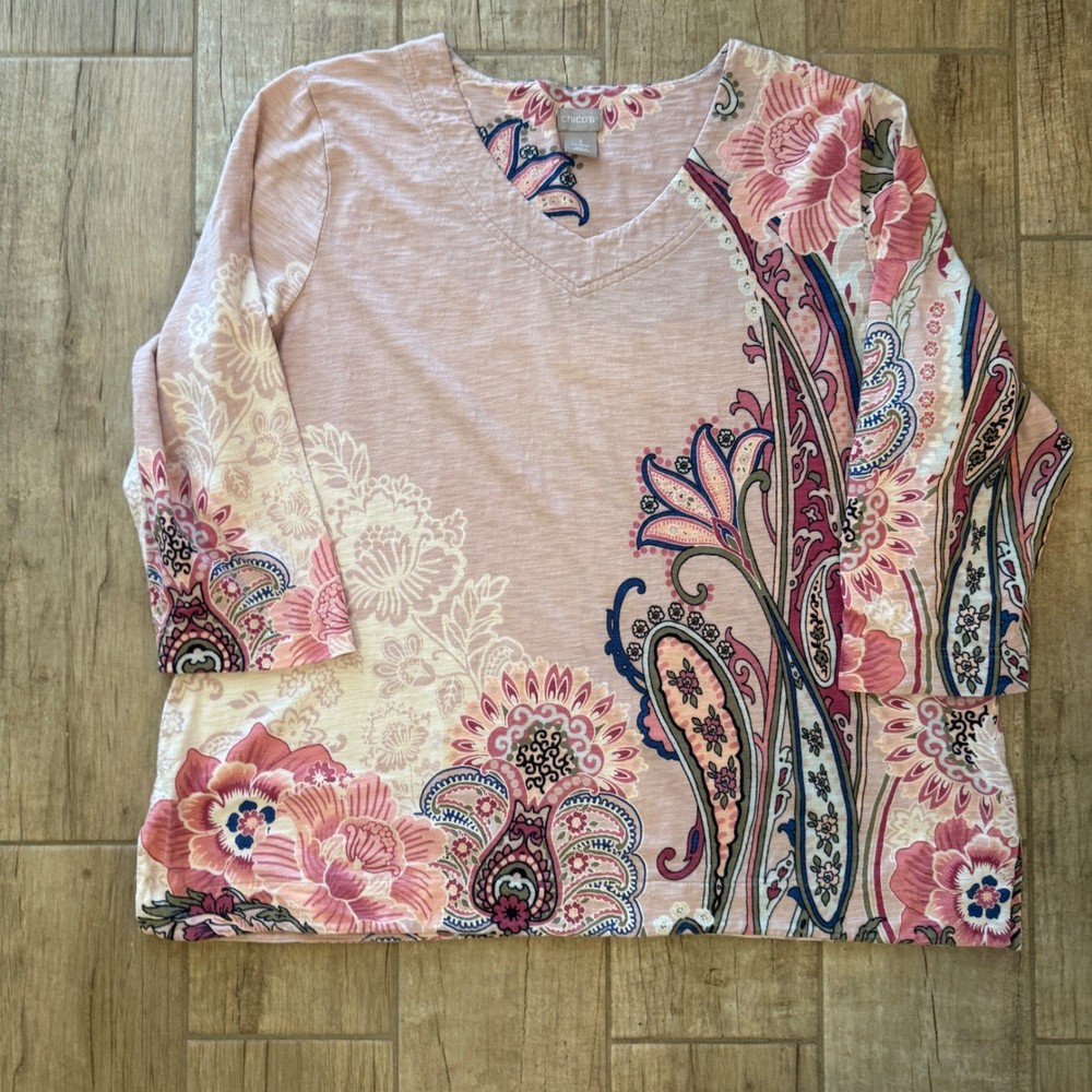 Chicos Pink Floral Paisley Slub Knit V-Neck 3/4 Sleeve Top Size 3 XL