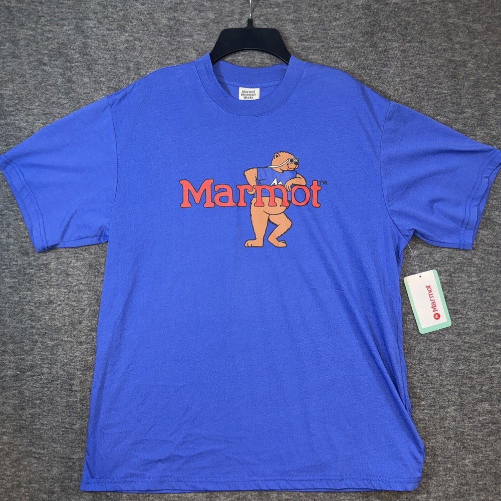 MARMOT Mountain Works Leaning MARTY Trail Blue Graphic Tee T-Shirt Sz L NEW